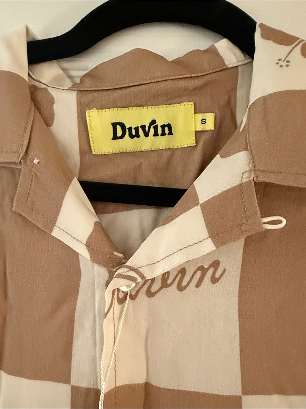 DUVIN Men's SMALL Short-Sleeve Checkered button down Shirt in Beige and Brown - Picture 2 of 4